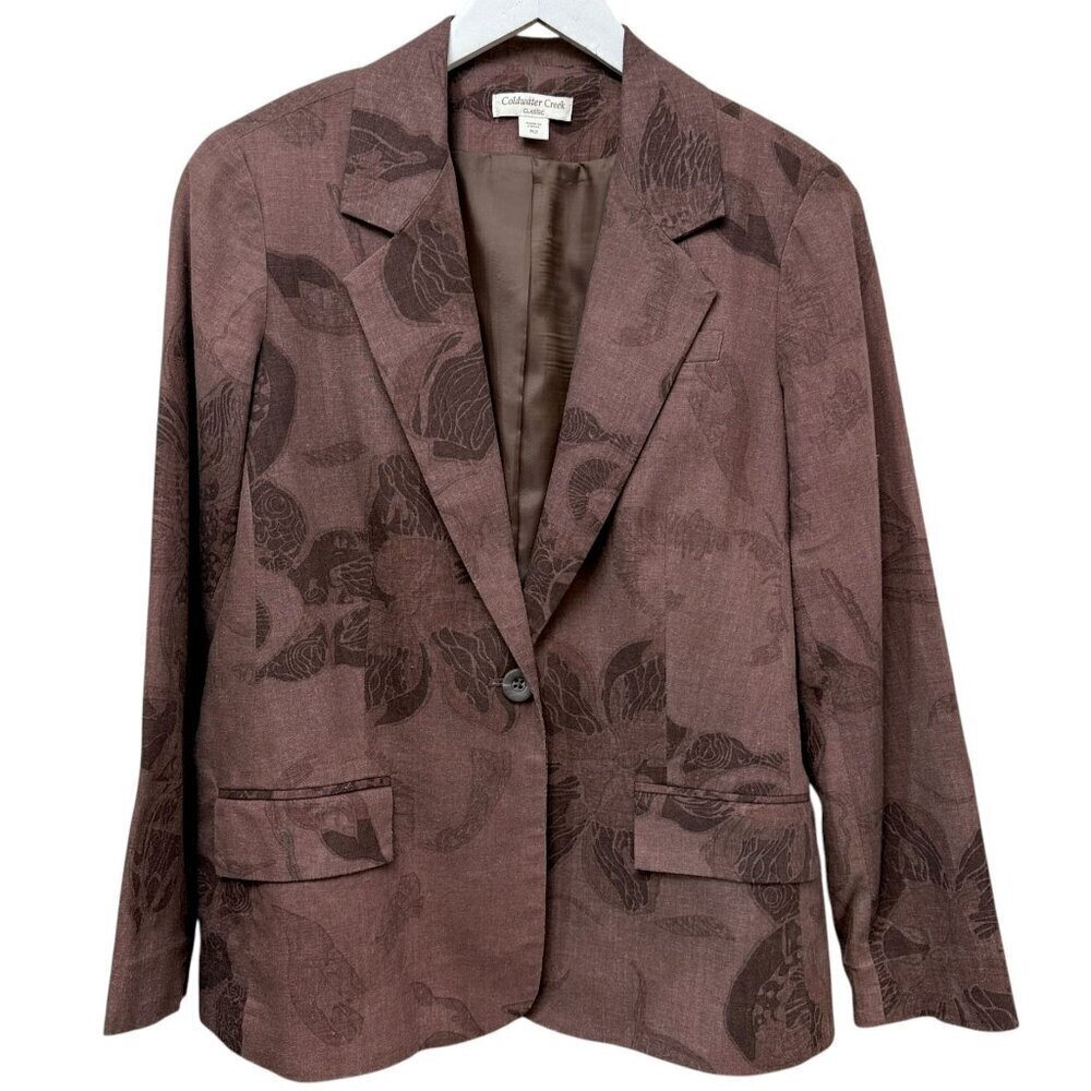 COLDWATER CREEK Linen Blend Blazer 12 Petite Womens Plum Floral Jacket Boho Arts